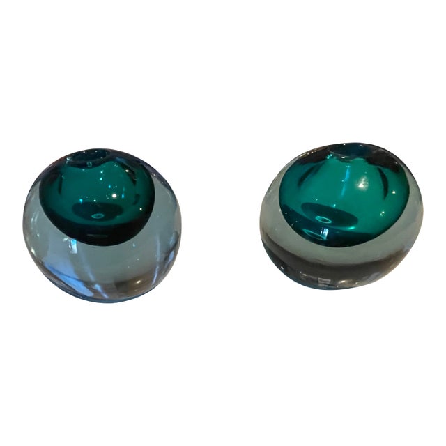 Art Deco Spherical Sea Green Blue Glass Sommerso Murano Vases - Pair For Sale