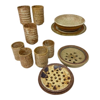 Vintage Studio Pottery Set / Rustic Stoneware- 14 Pieces For Sale