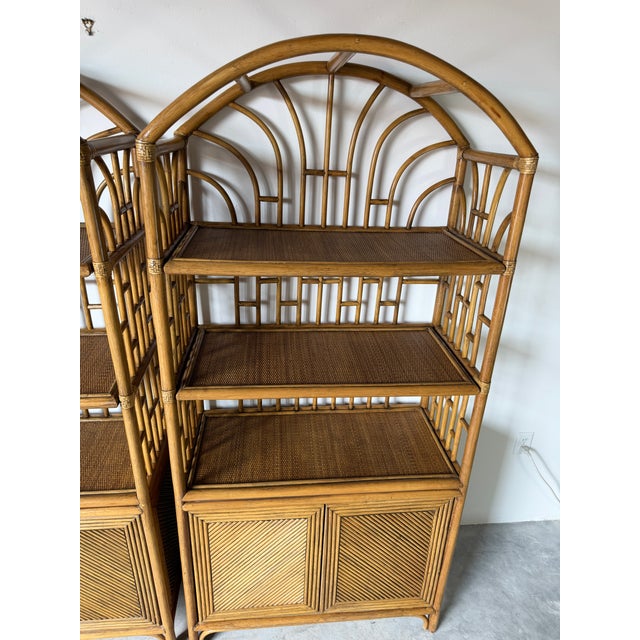 Wood 1970's Vintage Palm Beach Regency Arched Rattan Étagères With Cabinets – A Pair For Sale - Image 7 of 16