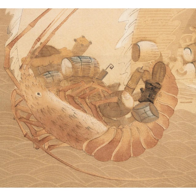 Japanese 1970s Showa Era Large Japanese Printed Silk Scroll "Lobster Boat" For Sale - Image 3 of 10