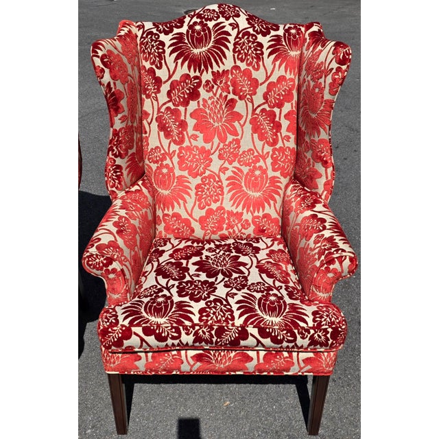 Pair of Late 20th Century Custom Upholstered Wingback Armchairs in Red and Ivory Floral Cut Velvet For Sale - Image 10 of 14