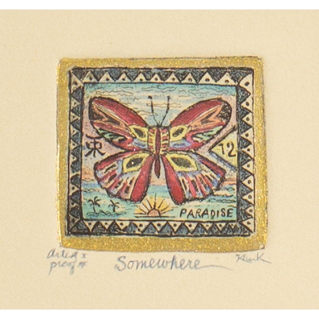 An artist's proof etching by the American artist Robert Klunk. Titled "Somewhere," this etching depicts a colorful...