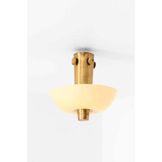 Modern Scandinavian Ceiling Lamp in Brass and Opaline Glass by Paavo Tynell, 1950s For Sale - Image 4 of 11