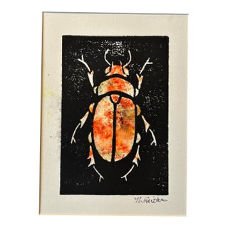 Original Hand-Carved Linocut Print Beetle With Watercolor - Autumn Variant For Sale