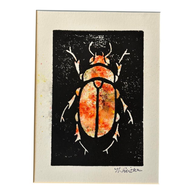 Original Hand-Carved Linocut Print Beetle With Watercolor - Autumn Variant For Sale