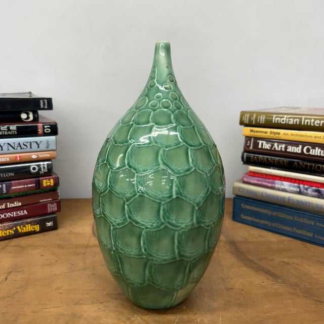 Round Green Snakeskin Design Vase with Small Narrow Neck For Sale - Image 4 of 9