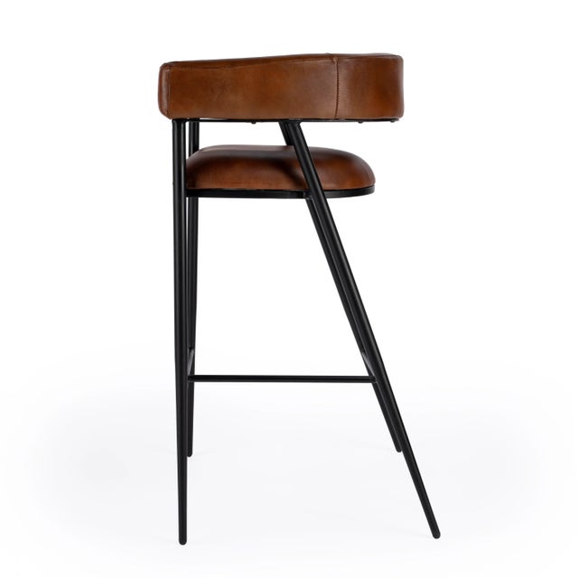 Metal Dallas Leather & Iron cushioned 28.5" Bar Stool, Medium Brown For Sale - Image 7 of 10