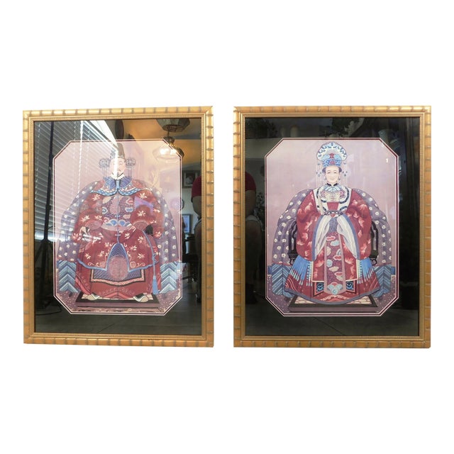Large Pair Vintage Oriental Asian Chinese Figural Gold Faux Bamboo Framed Wall Art Pictures For Sale