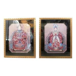 Large Pair Vintage Oriental Asian Chinese Figural Gold Faux Bamboo Framed Wall Art Pictures