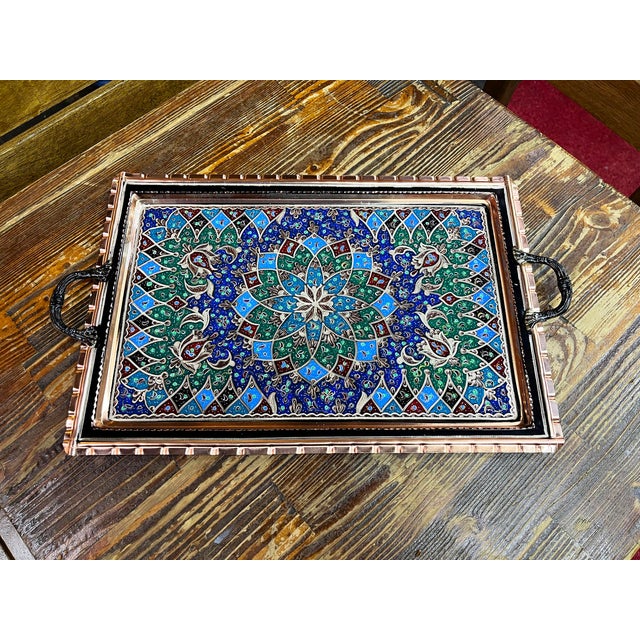 Rectangle catchy handmade tray with handles made by copper. Colorful design, perfect for serving. Great for displaying...