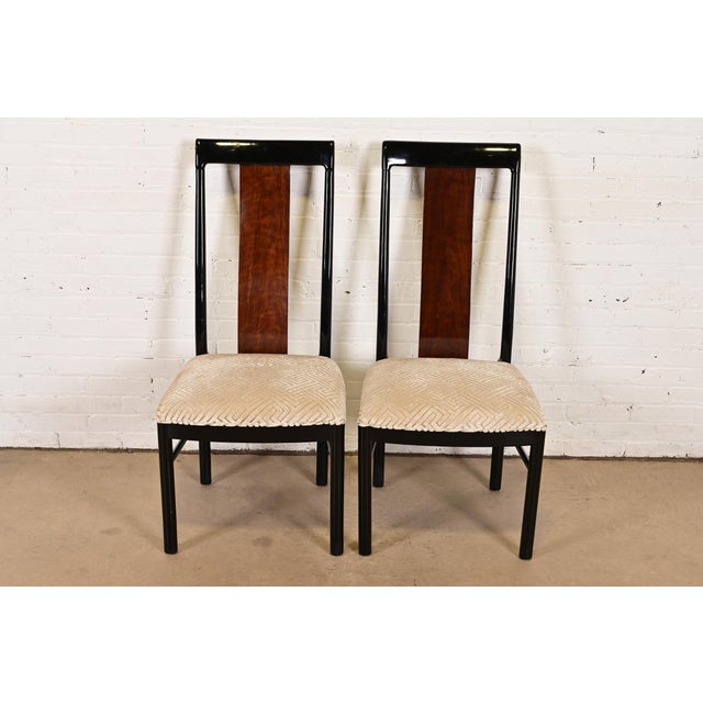 Mid-Century Modern Drexel Heritage Mid-Century Modern Hollywood Regency Black Lacquer and Walnut High Back Dining Chairs, Pair For Sale - Image 3 of 11