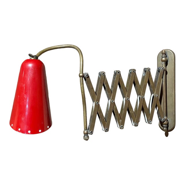 1950s Italian Wall Sconce Red Scissor Lamp Patinated Brass Italy For Sale
