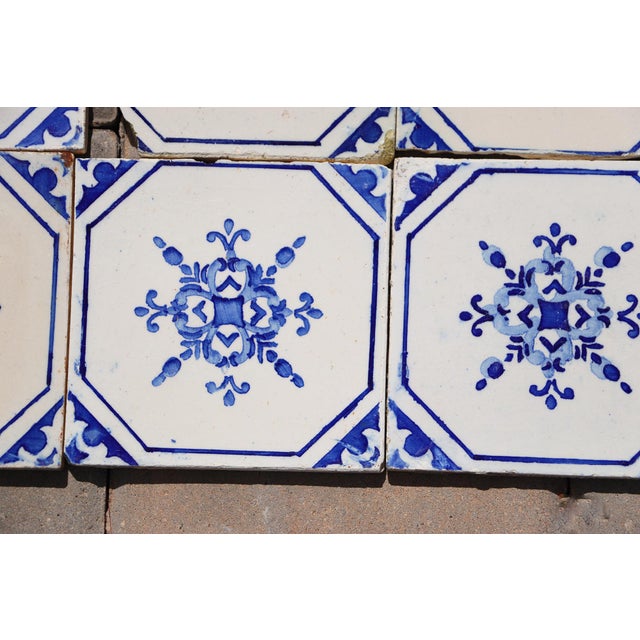 Antique 1920s Portuguese Ceramic Tiles With Stylized Art Deco Rosette Motif Set of 14 For Sale - Image 4 of 18