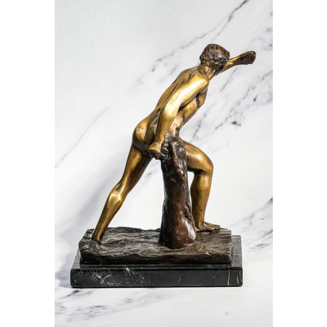 Commanding Vintage Borghese Gladiator Statue Cast Metal Sculpture Statue Marble Base Mid Century Modern Grand Tour Neoclassical For Sale - Image 9 of 15