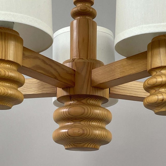 Scandinavian Pine & Fabric 5-Light Chandelier, Sweden, 1970s For Sale - Image 13 of 17