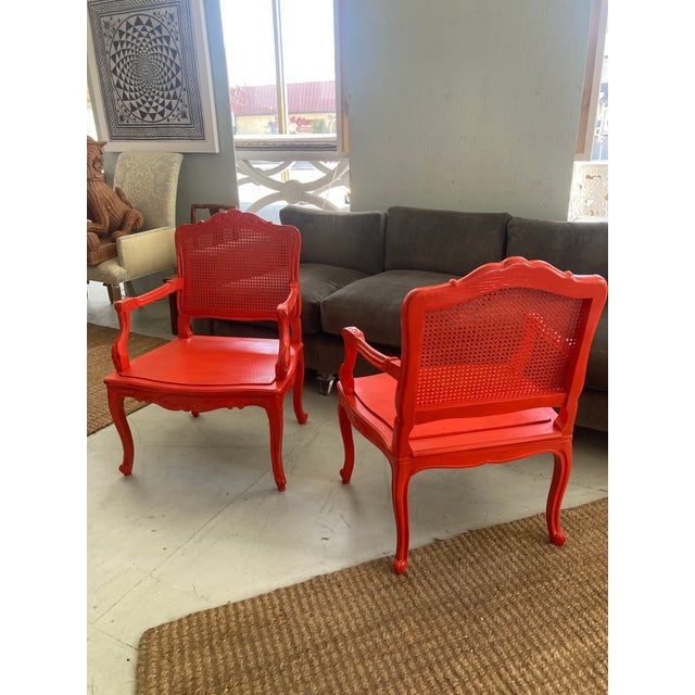 18th Century Louis XV Fauteuils in Hollywood Regency Coral- A Pair For Sale - Image 12 of 14