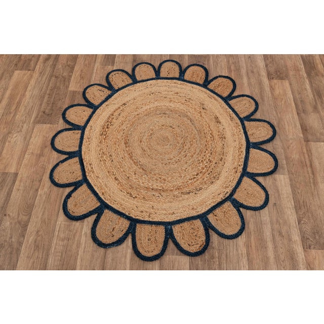 Boho Chic Navy Blue Round Jute Scallop Rug - 5' X 5' For Sale - Image 3 of 9