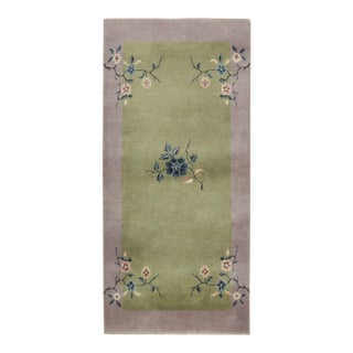 Rug & Kilim’s Chinese Art Deco Style Runner Rug in Green With Floral Patterns For Sale