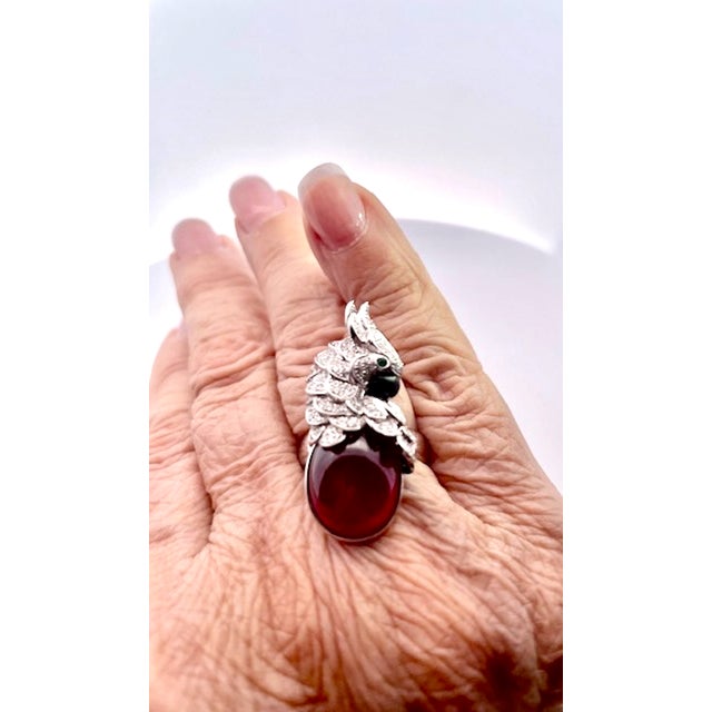 Red Large Oval Ruby Cabochon and Diamond Parrot Ring, Size 6.5 For Sale - Image 8 of 9