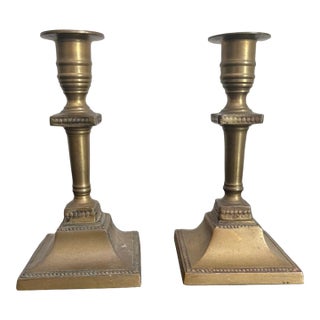 Pair of Antique Brass Victorian Candlesticks, Beaded Square Base For Sale