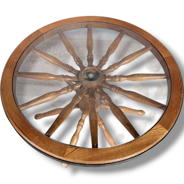 Vintage Ship Wheel Table in Elm and Oak with Glass Top For Sale - Image 6 of 9