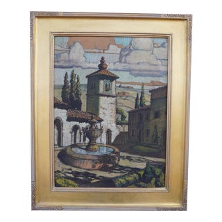 Hernando Villa Mixed Media on Board Landscape With Church C 1927, Framed For Sale