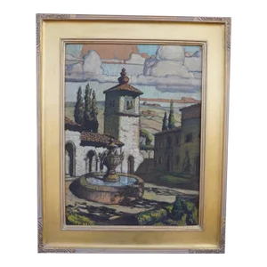 Hernando Villa Mixed Media on Board Landscape With Church C 1927, Framed