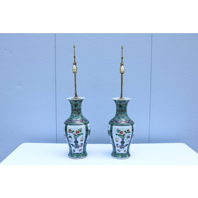 Chinese Porcelain Baluster Vase Table Lamps 19th-Century Famille Verte, a Pair For Sale - Image 4 of 17