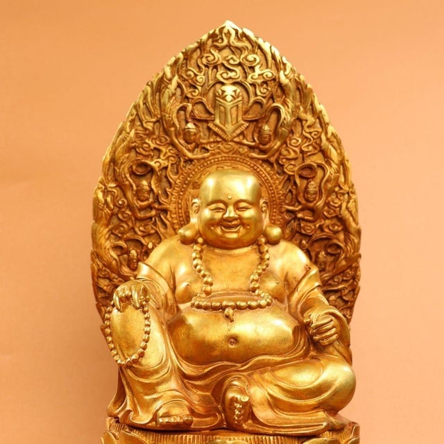 Late 20th Century Gilded Bronze Laughing Buddha Statue on Lotus Throne For Sale In Los Angeles - Image 6 of 9