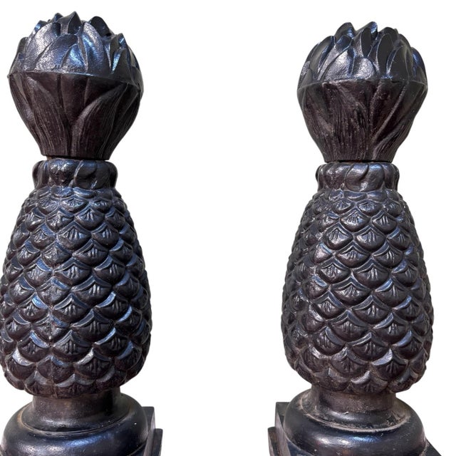 Black Early 20th Century Pair of 34" Large Black Cast Iron Pineapple Architectural Finials Outdoor Statues For Sale - Image 8 of 10
