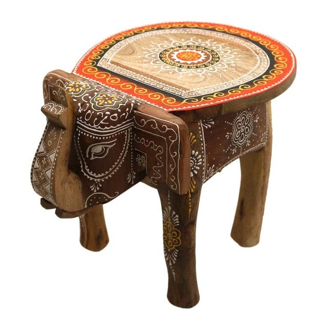 2020s Elephant Stool Mango Wood Handmade With Mandala Painting Plant Stool Decoration For Sale - Image 5 of 10