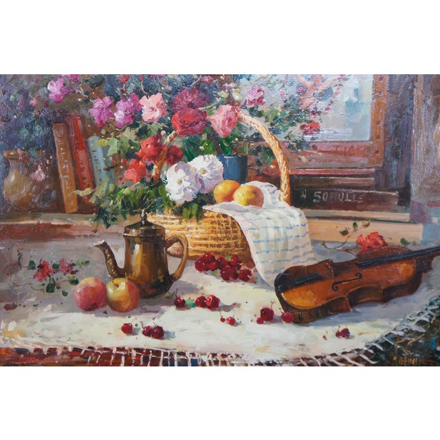 Late 20th Century 20th C. Realist Still Life Signed Oil Painting Canvas Fruit Violin Flowers 48" For Sale - Image 5 of 12