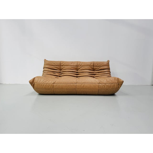 French Togo 3-Seater Sofa in Camel Leather attributed to Michel Ducaroy for Ligne Roset For Sale - Image 11 of 11