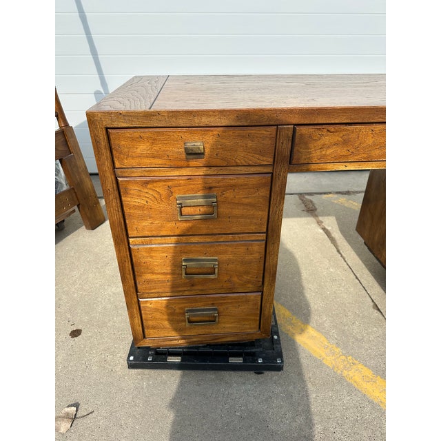Drexel Heritage Woodbriar Collection Pecan Wood Campaign Style Desk and matching chair. Circa1980’s Made in USA! Desk...