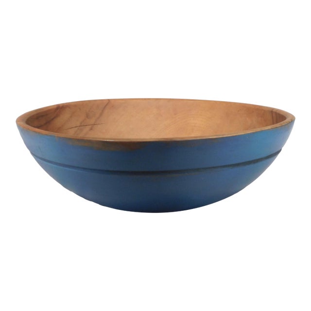 Antique Large Chopping Bowl Original Dump Cart Blue Paint 19th C American Maple For Sale