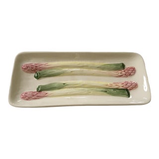 1970s Hand Painted Majolica Asparagus Tray - Made in Portugal For Sale