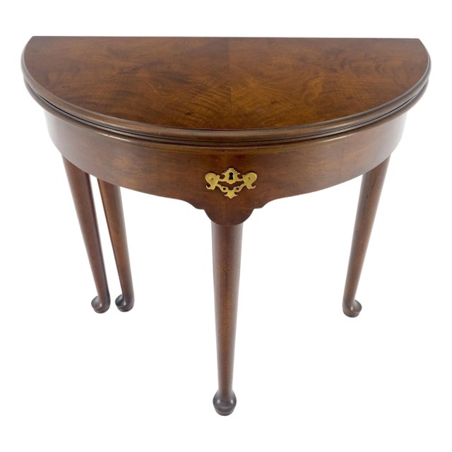 Henredon Demilune Flip Top Burl Walnut Top Console Sofa Occasional Table For Sale