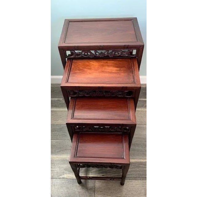 1900s Antique Chinese Qing Dynasty Carved Hongmu Rosewood Bamboo Designed Nesting Tables Set of 4 For Sale - Image 13 of 13