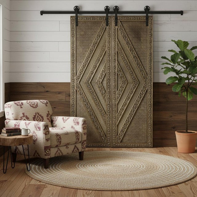 1920s Vintage Brass-Clad Statement Hand-Carved Sliding Barn Door 80x48 For Sale - Image 5 of 7