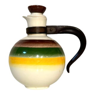 Vintage California Pottery Hand Painted “Mojave” Lidded Carafe With Wood Handle For Sale