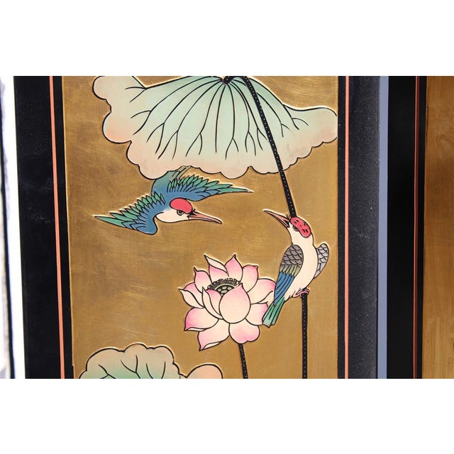 Screen in Chinese Lacquer with Enamel and Lotus Flower Decorations, 1950s For Sale - Image 16 of 18
