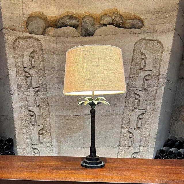 For your consideration, a 1980s style Maitland-Smith faux bronze palm tree table lamp. It features a sculptural metal...
