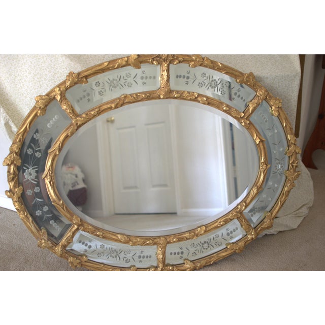 Vintage Hollywood Regency Gold Gilt Oval Mirror W / Etched Floral Bevel Glass Border, Leaf & Acorn Ornate Frame- 50" For Sale - Image 11 of 18