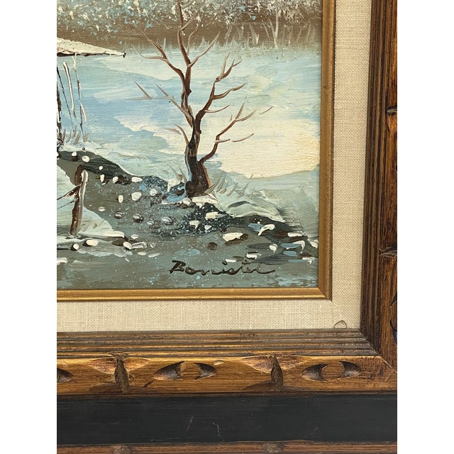 Vintage Signed Winter Landscape Oil Painting on Canvas in Hand-Carved Wood Frame, Rustic Snow Cabin Scene.. For Sale - Image 10 of 10