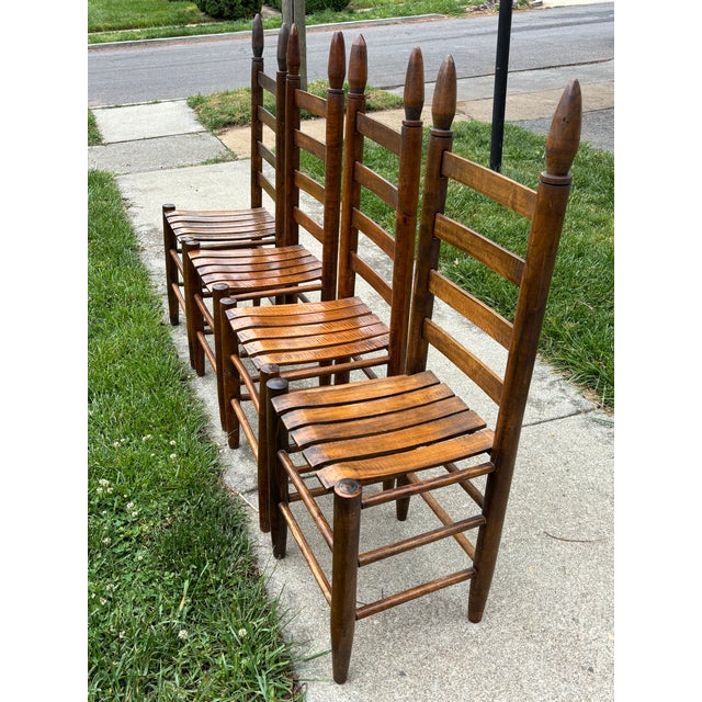 Farmhouse Early 1900s Ladderback and Slat Seat Dining Chairs, Set of 4 For Sale - Image 3 of 13