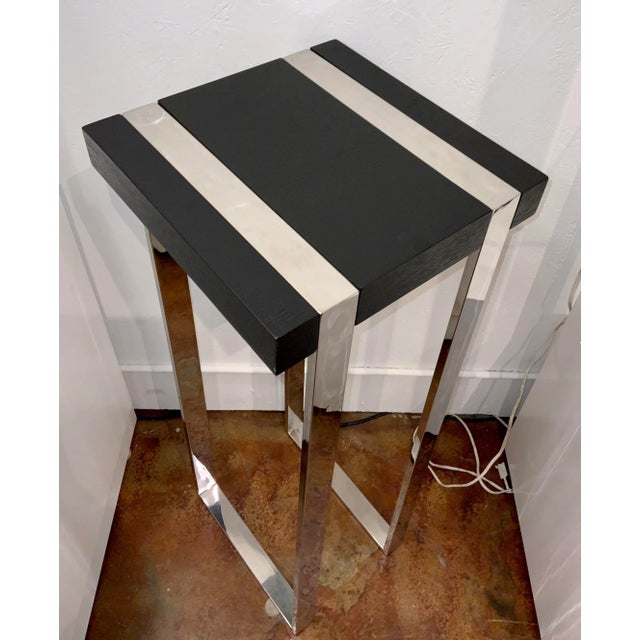 Original retail $1580, stylish Modern Black Wood and Stainless Steel Pedestal, showroom floor sample