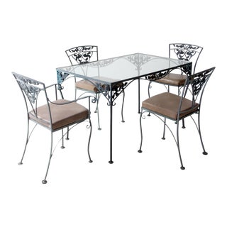 Mid 20th Century American Garden Wrought Iron Patio Table & 4 Chairs For Sale