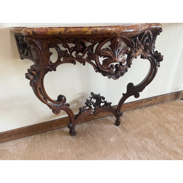 Hand Carved Antique Italian Walnut Wall Console with Marble Top.