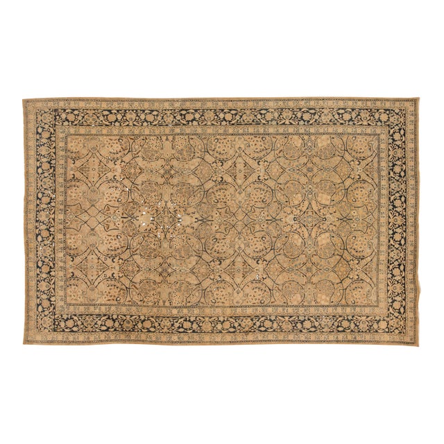 Fine Antique Persian Meshad Botanic Yellow Hand Knotted Wool Rug For Sale