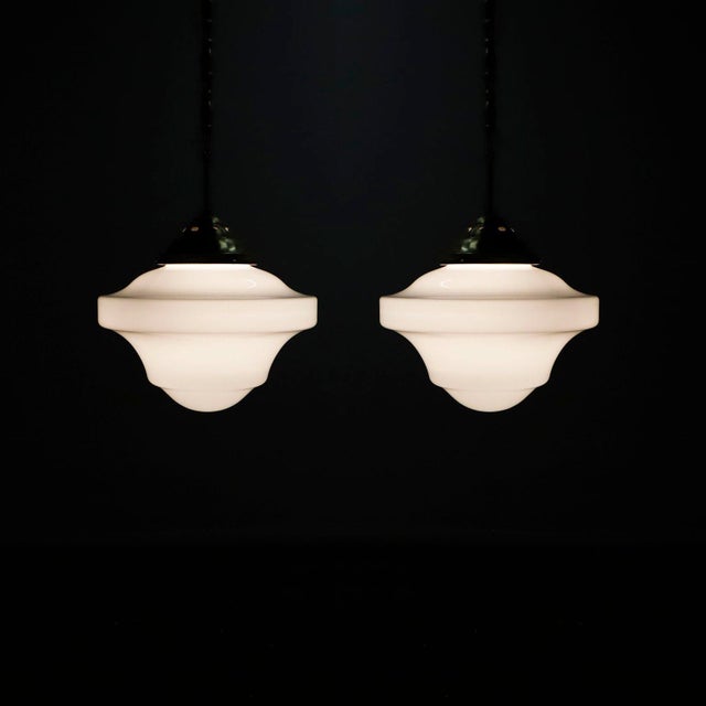 Glass 1930s Art Deco Milk Glass Pendant Lights Beautiful Long Chains Made of Brass - a Pair For Sale - Image 7 of 16